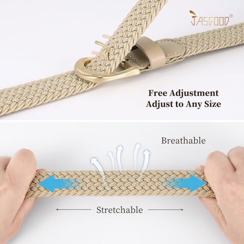 JASGOOD 2 Pack Braided Belts for Women, 1'' Narrow Width Elastic Woven Stretch Fabric Cloth Belts with Gold Buckle2