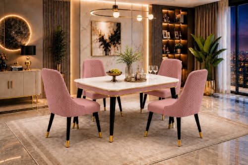 Image of WOODEN SPACE Majestic 4 Seater Wooden Dining Table Set | Urban Marble Top Dining Table with Chairs for Dining Room & Kitchen (Modern Vento Pink) (54 x 36 x 30 inch)
