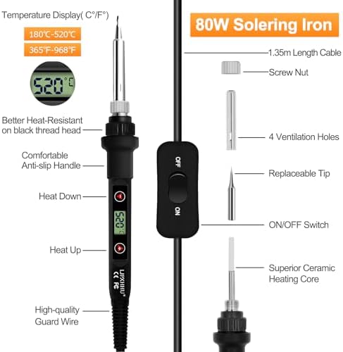 Soldering Iron Kit 80W LCD Adjustable Temperature 180-520℃ Solder Kit Electronics 13 in 1 Welding Tool On/Off Switch Solder Wire Flux 5 Solder Tip Desoldering Pump Stand Tweezers