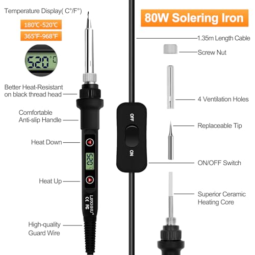 Soldering Iron Kit 80W LCD Adjustable Temperature 180-520℃ Solder Kit Electronics 13 in 1 Welding Tools with ON/Off Switch, Solder Wire, Flux, 5 Soldering Tips, Desoldering Pump, Stand, Tweezers
