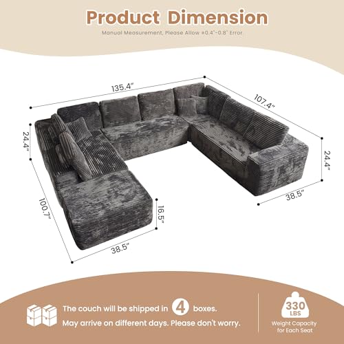 Image of HOOOWOOO Cloud Sectional Couches for Living Room,Modular Sectional Sofa No Assembly,136X108 Inch Plush Corduroy Large U Shaped Floor Couch Set with Deep Seat Ottoman(Gray)