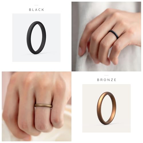 ThunderFit Silicone Wedding Bands for Women, Thin and Stackable 2.5mm Width - 2mm Thick (Bronze A, Silver A, Rose Gold C, Rose Gold A, Marble C, Light Coffee D, White, Black, Galaxy A - Size 3.5-4 (14.9mm))3