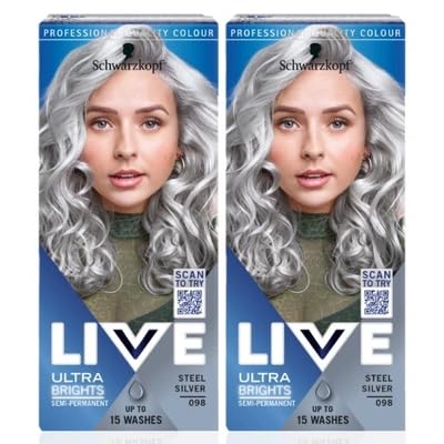 Schwarzkopf LIVE Ultra Brights Silver Hair Dye, Steel Silver 098 Lot de 2