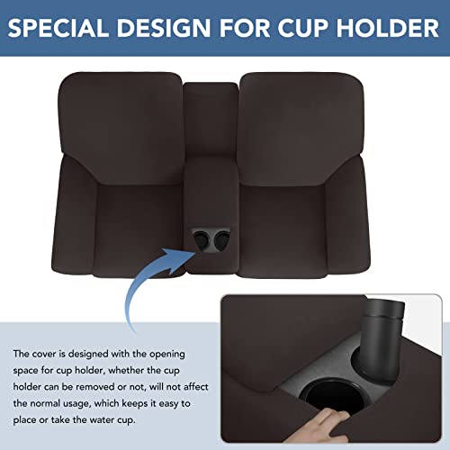 Image of Easy-Going Stretch Recliner Loveseat Cover with Center Console Sofa Slipcover Soft Fitted Fleece 2 Seats Couch with Holder and Storage Washable Furniture Protector Chocolate