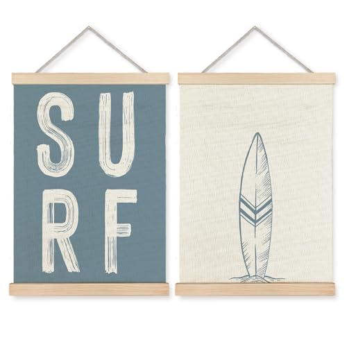 KAOWT Coastal Surfing Wall Art Hanging Poster, Surf Room Decor, Beach House Decor, Retro Blue Surfboard Coastal Beach Canvas Wall Decor for Home Bedroom Living Room, 12x16 Inch Set of 2