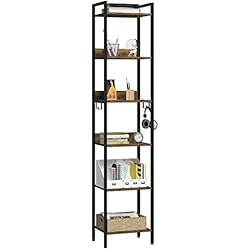 Estanteria 6 Huecos Conforama EUGAD Estanteria Almacenaje de 6 Niveles, estilo Industrial, Estanteria Alta de Pie, Madera y Metal con 4 Ganchos, Negro + Marrón Rústico, 40x30x187cm