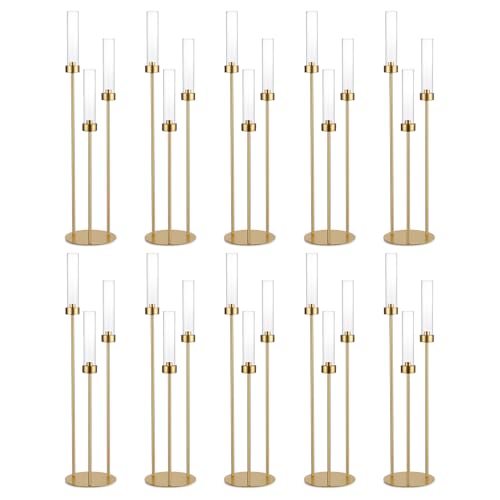 Vincidern 10pcs 3 Arm Candelabra, Gold Candle Holder Centerpieces for