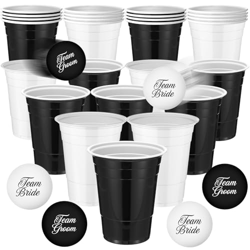 Acellegic 22 Pcs Wedding Game Party Groom or Bride Set 16 oz Black White Beer Plastic Cups with 8 Balls Party Game for Indoor Outdoor Event Fun House Parties Favors