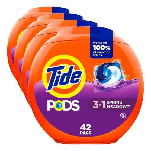 Tide, Pods laundry detergent pacs, 3-in-1 Stain Remover, Odor Fighter, Color Protector, HE compatible, Spring Meadow Scent, 42 Count (Pack of 4) - image 1