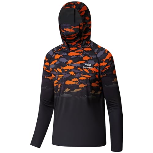Bassdash - Bassdash Youth UPF 50+ Hooded Shirts with Mask UV Neck Gaiter Sun Protection Long Sleeve T Shirt for Fishing Swim, Orange Fish Gradient, Large
