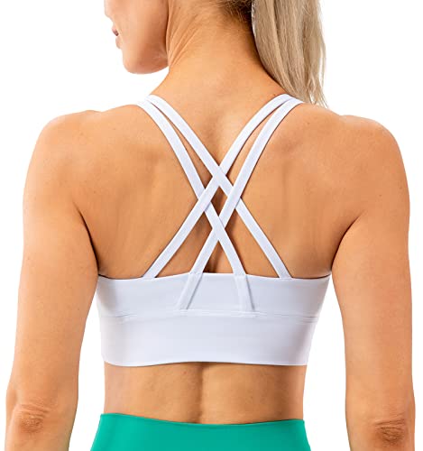 Lavento Women's Strappy Sports Bra Long Line Medium Support Energy Workout Training Top (White, Large) #TOP28