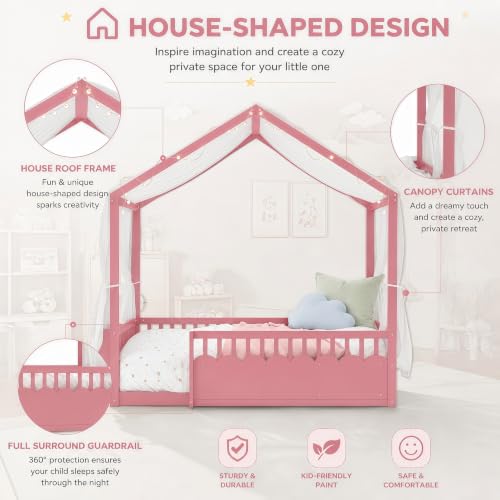 Image of Bellemave Twin House BedFrame with Canopy, Montessori House Bed with LED and Bookshelf and Rails for Kids, Pink