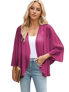 Famulily Kimono en mousseline de soie pour femmes, avec ouverture sur le devant, amples, pour les dames, haut habillé d'été, rose vif, S