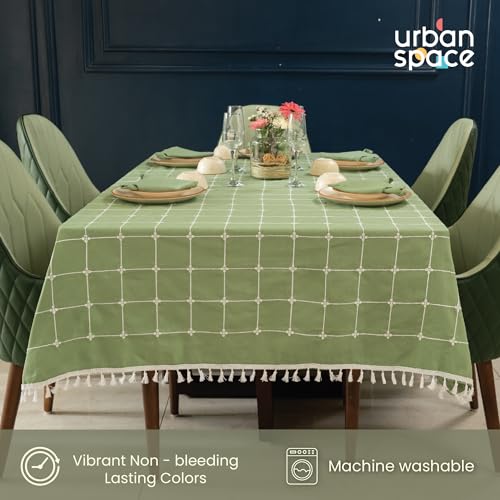 Image of Urban Space 100% Cotton Rectangular Dining Table Cover 6 Seater,Premium Embroidered Cotton Table Cloth for Center Table with Tassels,Rectagular Table Cover 48 inch x 92 inch(6 Seater,Aura Checks sage Green)