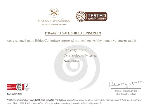 Image of D'Radiant+ Safe Shield Sunscreen SPF 50 PA++++ | Broad Spectrum UVA, UVB, Blue Light, Infrared Protection | Modern Uv Filters | Lightweight, Brightening Effect | Dermatologically & Clinically Tested (50ml)
