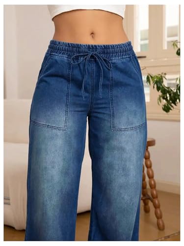 SOLY HUX Women's Drawstring Elastic Waist Jeans Straight Leg Baggy Long Denim Pants4