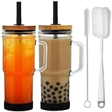 ALINK Glass Cups with Lids and Straws, 24 oz Mason Jar Drinking Glasses Tumbler with Handle, Silicone Boot, Tips, Brush, Reusable Boba Tea Smoothie Iced Coffee Cups - 2 Black