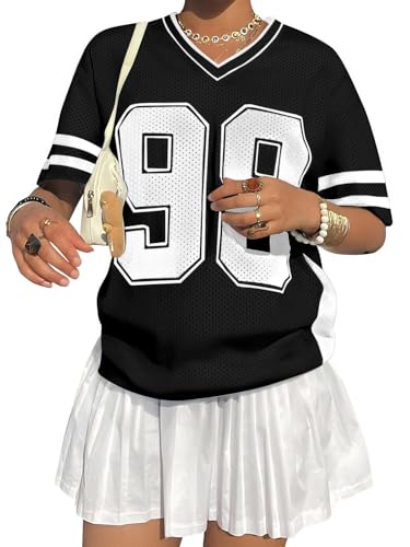 Jersey Shirts for Women Y2k Graphic Number Shirt Oversized V Neck Shirts Casual Streetwear Summer Tops Black