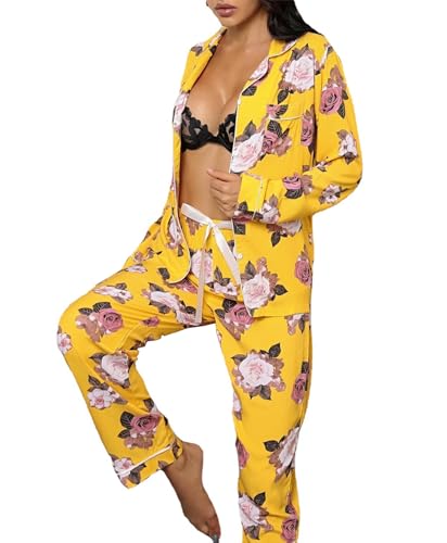 Pyjama femme set 2 pcs boutons et col V : vêtement de nuit imprimé confortable