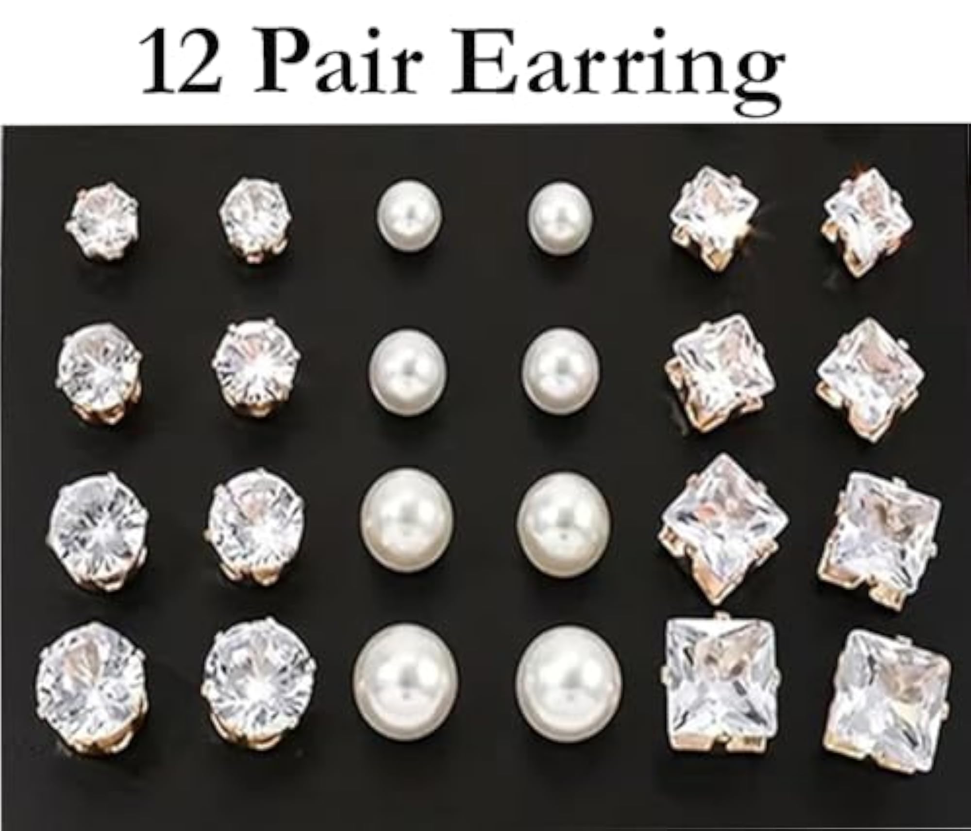 Silver Crystal Stone Small Stud Earring Set, 12 Pairs