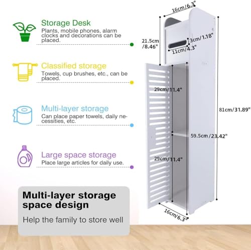 Bathroom Floor Cabinet,Waterproof FreeStanding White Slim Bathroom Storage Unit with Daily Use Layer and 1 Cupboard Door,White Pantry Cabinet,16 x 15 x 80 cm