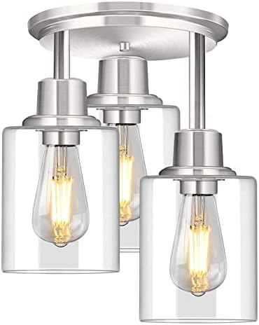 ROTTOGOON Semi Flush Mount Ceiling Light, 3 Light Close to Ceiling Light Fixtures, Brushed Nickel Finish Kitchen Light Fixtures with Clear Glass Shades, Modern Hallway Light Fixtures Ceiling Mount