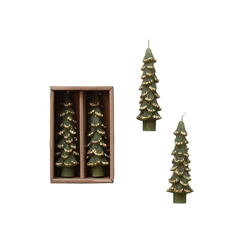 Creative Co-Op Unscented Textured Tree Shaped Taper Candles with Gold Tips in Box Evergreen Color Set of 2