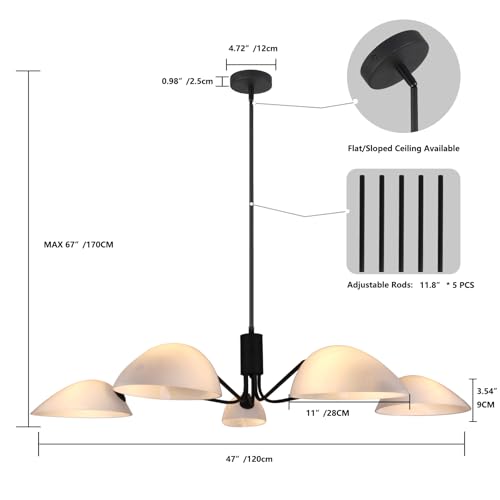 HuisMier Black 5 Lights Mid Century Glass Chandelier with Milk Glass Shade by HuisMier - Used condition - Image 3