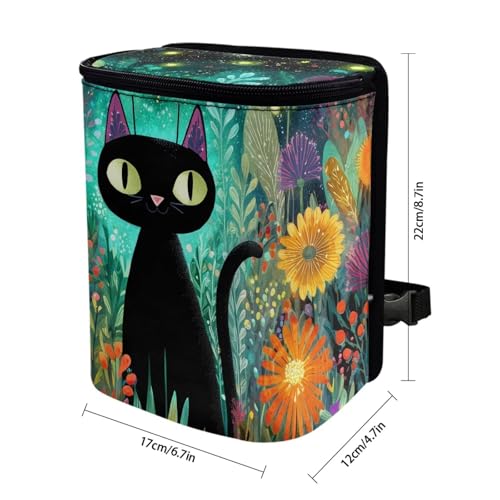 Image of Talayituse Teal Cat Flower Print Car Trash Bin, Large Size Auto Trash Can Adjustable Portable Garbage Can with Lid, Vehicle Hanging Bag for Headrest Front Back Seat