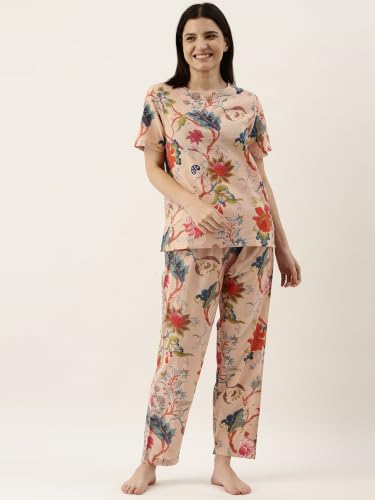 Image of SANSKRUTIHOMES Women's Premium 100% Cotton Printed Co-Ord Set | Short Sleeve Shirt & Pant Set | Pink Checkered Sun & Palm Tree Print | Casual Summer Resortwear, Vacation Wear & Comfortable Loungewear