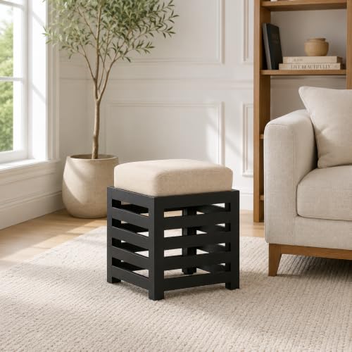 Image of Multipurpose Wooden Puffy with Footrest, Dressing Table, and Solid Wood Stool with Cushion for Living Room, Bedroom, Balcony, etc. (Black)
