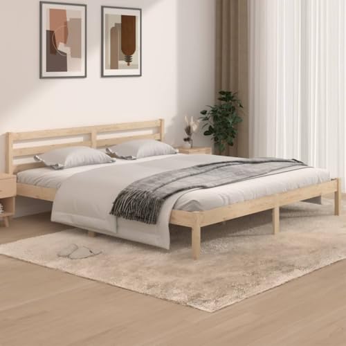 ACAGALA Cama de matrimonio de madera maciza, 180 x 200 cm, cama con cabecero, cama de madera con somier de láminas de pino, cama de madera maciza, natural
