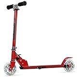 Goplus Folding Kick Scooter, 2 Flash Wheels Deluxe Aluminum, Rear Fender Brake,Adjustable Height, Sports Scooter for Girls and Boys (Red)