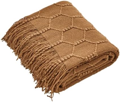 KASYLAN Diamond Knitted Throw Blanket Textured Solid Soft Sofa Throw Couch Knitted Decorative Blanket, 127x152cm Almond