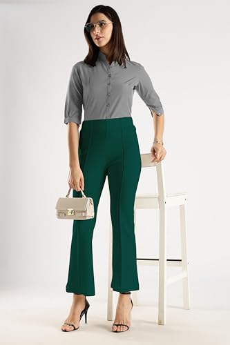 Image of SWADESI STUFF Women's Bell Bottom Trousers - High Waisted Wide Leg Palazzo Pants | Stretchy Cotton Blend Retro Pants for Casual, Office, Party