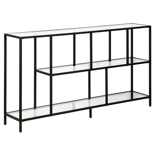 Image of Henn&Hart 52 inch Wide Rectangular Console Table with Glass Shelves in Blackened Bronze, for Home Office, Living Room