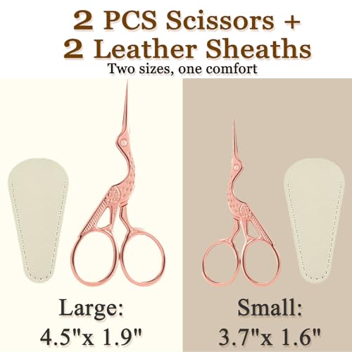 2 PCS Rose Gold Stork Embroidery Scissors with Leather Covers, 4.5 Inch & 3.7 Inch Stainless Steel Small Sewing Scissiors, For Precision Cutting DIY Craft Cross Stitch Tailoring Floral Trimming — view 3