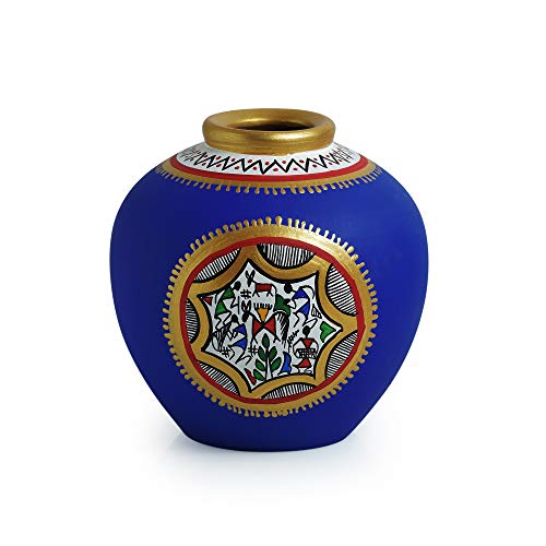 Image of ExclusiveLane El-006-013 Earthenware Warli Handpainted Living Room and Home Decorative Matki Shaped Flower Terracotta Round Vase (Blue, 13.97 Cm X 13.97 Cm X 15.24 Cm)