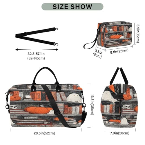 Skeleton Skull Book Bookworm Halloween Travel Duffle Bag Gym Bag Weekender Bags with Toiletry Bag Travel Trip Tote Bag3