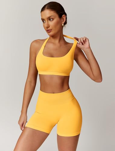 Image of ABOCIW Workout Sets for Women 2 Piece seamless Halter Sports Bra Scrunch Butt Impact Shorts Gym Yoga Outfits