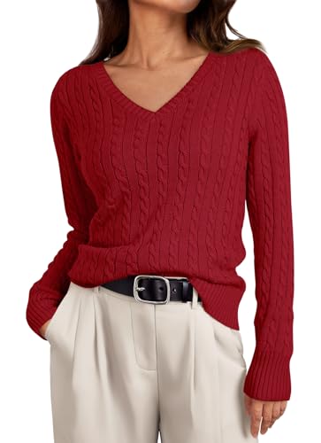 Image of LILLUSORY Women's Cable Knit V Neck Lightweight Soft Pullover Sweaters