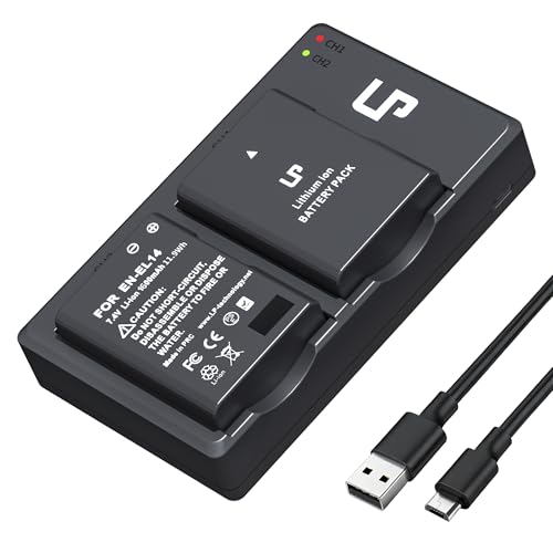 LP EN-EL14 EN EL14a Battery Charger Pack, 2-Pack 1600mAh Battery & Dual Slot Charger, Compatible with Nikon D3100 D3200 D3300 D3400 D3500 D5100 D5200 D5300 D5500 D5600 DF P7000 P7100 P7700 P7800