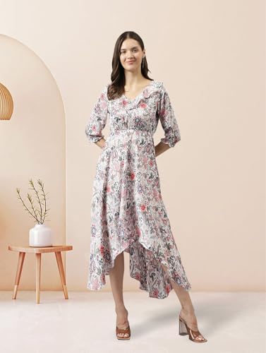 Image of KERI PERRY Women's White Rayon Floral Printed High Low Western Dress | Dress for Women | A line Dress | Summer Dress|Western Dress | Women Dress | Trendy Dress for Dress | Midi Dress