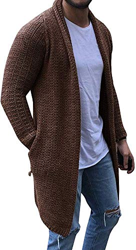 Runcati Mens Cardigan Sweater Shawl Collar Chunky Open Front Long Sleeve Knit Slim Fit Coats with Pockets (Large, Khaki-A)