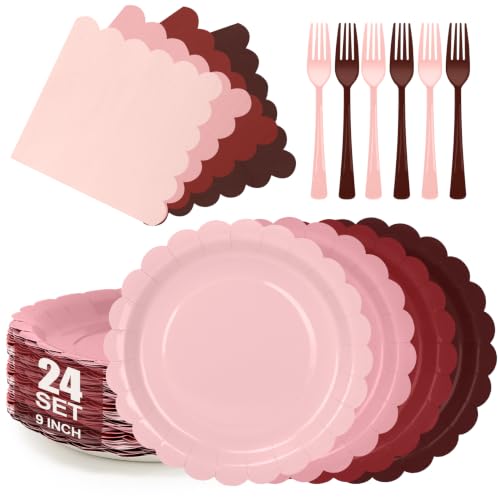 CENLBJ Pink and Burgundy Paper Plates and Napkins,Include Gradient 9inch Plates Napkins Forks Disposable Party Supplies for Baby Shower,Birthday,Wedding,Serves 24