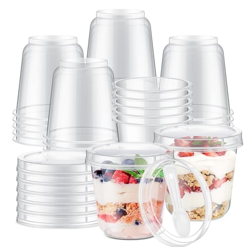 Jingmore 25 Pack 9.5oz Clear Plastic Yogurt Parfait Cups Disposable Overnight Oats Containers with Lids and Spoons Cake Fruit Jars for Food Storage Salad Ice Creams Pudding Snacks (Round Style)