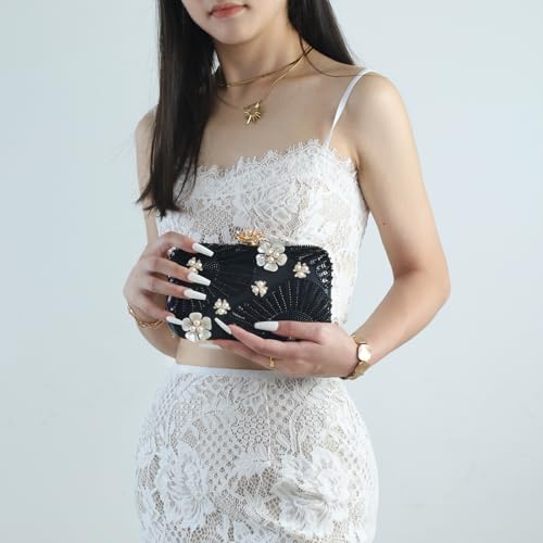 Image of Women Pearls Beaded Clutch Flower Sequins Evening Handbag Chain Strap Shoulder Bag