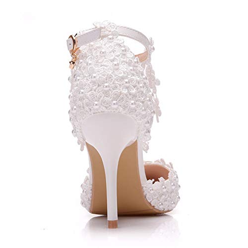 Women's White Lace Floral Stiletto High Heel Wedding Shoes, Sexy Pointed Closed Toe Bridal Heels Sandals, Ankle Strap Party Dress Bride D'Orsay Pumps4