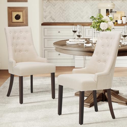 COLAMY Fabric Side Dining Chairs Set of 2, Wingback Upholstered Dining Room Chairs with Tufted Button, Living Room Chairs for Home Kitchen, Beige