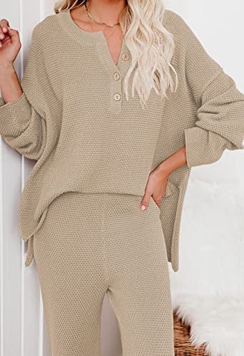 Uusollecy Women 2 Piece Sweater Outfit Set Long Sleeve Pullover Knit Lounge Set Knit Wide Leg Pants Tacksuit Loungewear Khaki M #TOP1